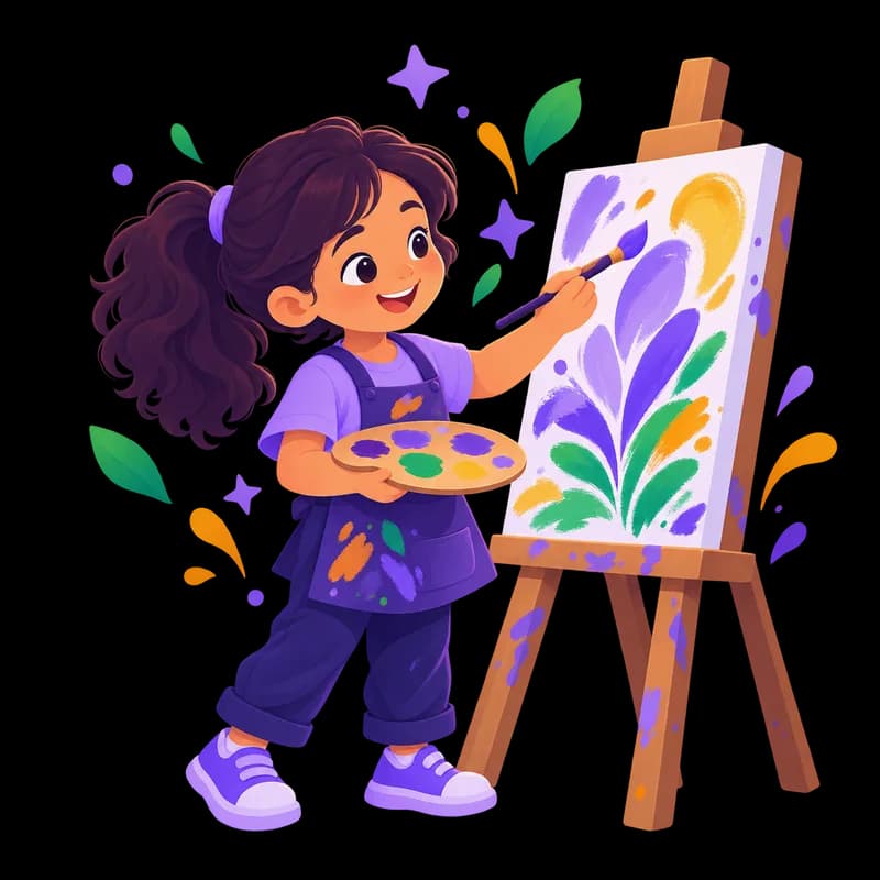 Niña pintando flores en un caballete con una paleta de colores