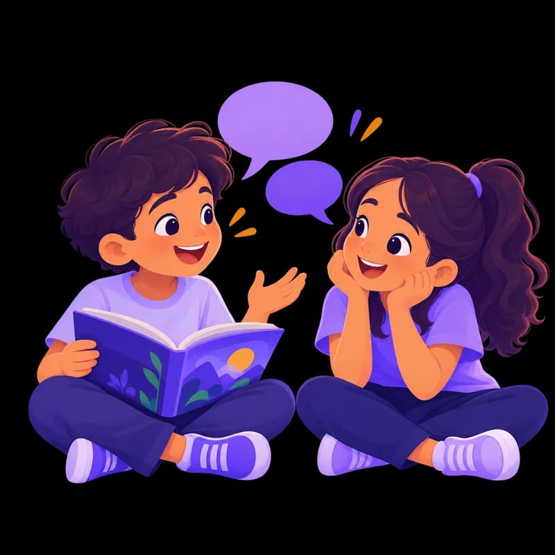 Dos niños conversando y riendo con un libro ilustrado abierto