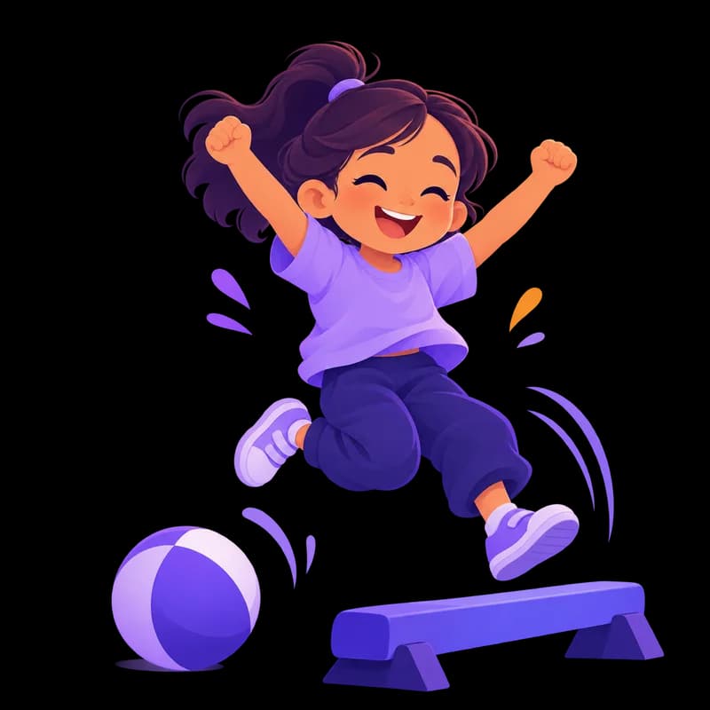 Niña saltando con alegría junto a una pelota y una barra de equilibrio