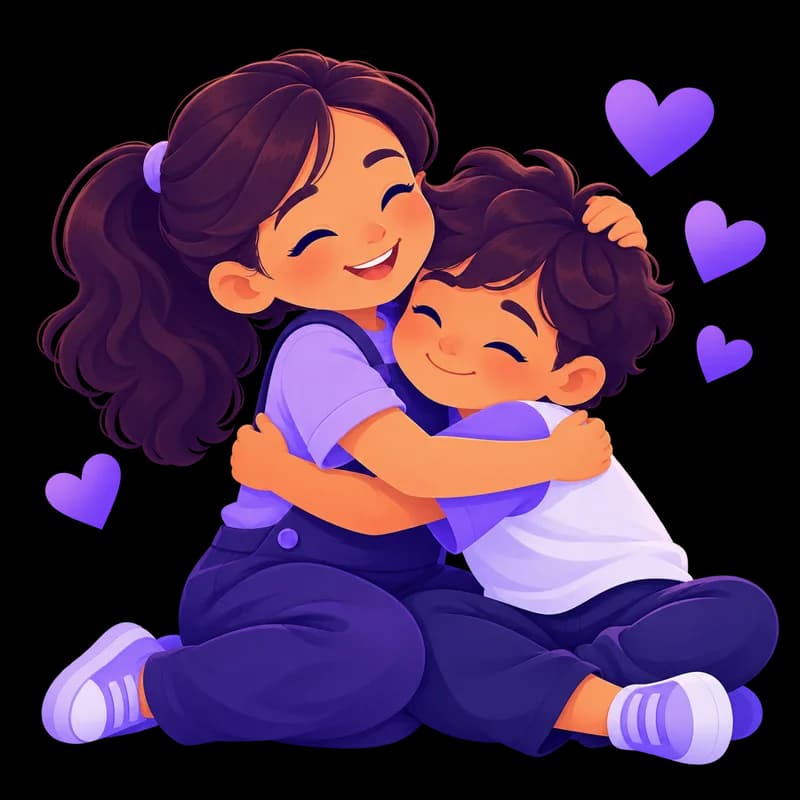 Dos niños abrazándose y sonriendo rodeados de corazones