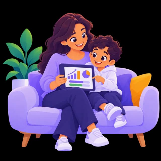 Madre e hijo en un sofá mirando el progreso en una tablet