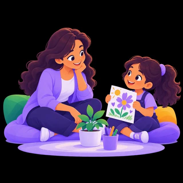 Especialista sentada a la altura de una niña que le muestra su dibujo