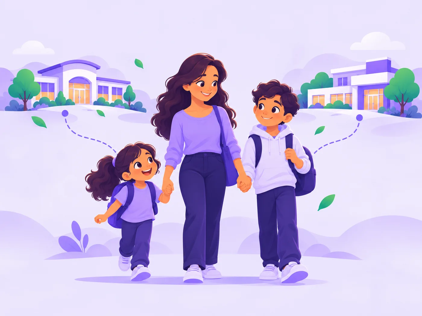 Una madre camina de la mano con sus dos hijos, conectados por caminos con dos colegios distintos